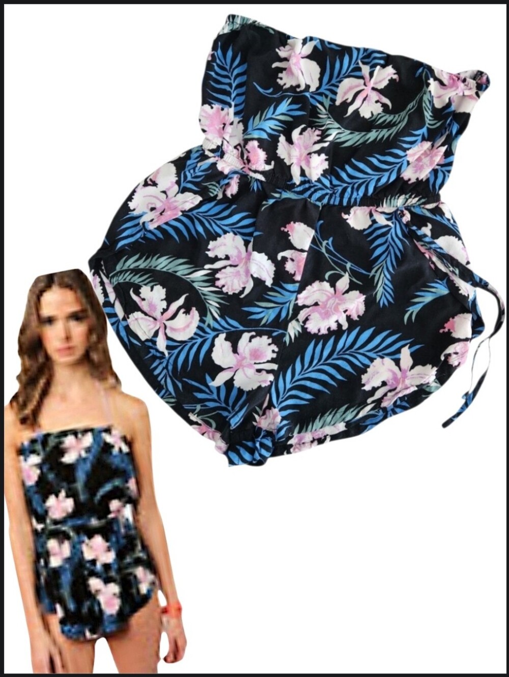 Kimchi Blue Strapless Romper Playsuit with Tropical Hawaiian Print 70s Cheeky M
